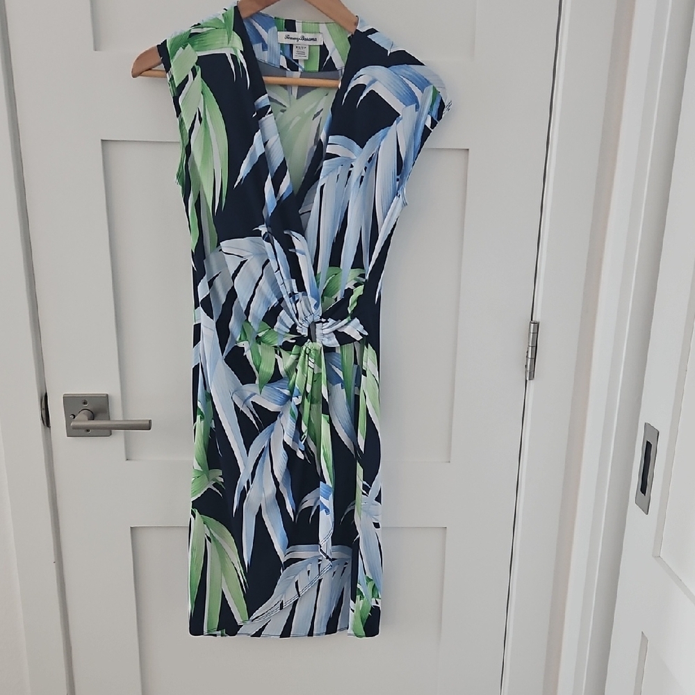 Tommy Bahama Navy Tropical Leaf Midi Dress with Knot Front
